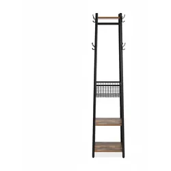 Relaxdays Garderobenständer, 3 Ablagen u. 8 Haken, HBT 181x43x43 cm, Jackenständer mit Korb, Flur, Metall, schwarz/braun