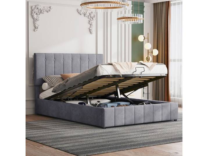 URTR Lit coffre 140x200 cm double - Avec espace de rangement hydraulique - Tête lit réglable - Sommier lattes métal - Velours - Gris