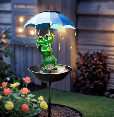 Inspire Essentials FrogGlow Solar Frog Garden Light With Umbrella And Bird Feeder Decor warm White