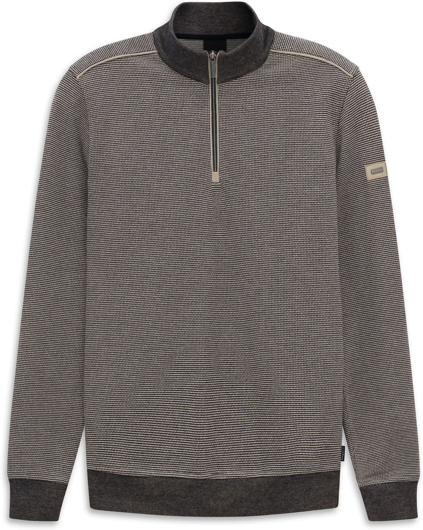 Troyer BUGATTI "Zeitlos", Herren, Gr. S, grau (390, braun), Sweatware, 65% Baumwolle, 30% Polyester, 5% Elasthan, unifarben, normal, Pullover Troyer, im Materialmix Modern Fit 390, braun S