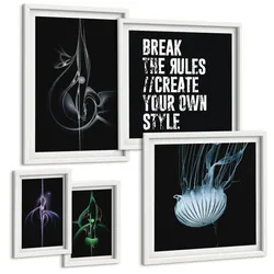 BILDER SET 5er Set - 50x50 cm & 20x30 cm & 40x60 cm Weißer Rahmen - Abstrakte Darstellung von grauen Katzenrosen