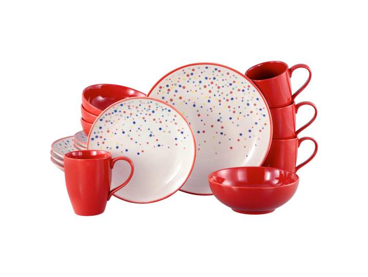Creatable Kombiservice Joy Rot-bunt, Mehrfarbig, Keramik, 16-teilig, Punkte, 300 ml,400 ml, handbemalt, lebensmittelecht, stapelbar, Essen & Trinken, Geschirr, Geschirr-Sets, Kombiservice