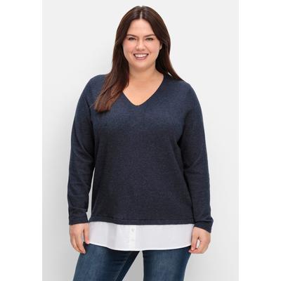 V-Ausschnitt-Pullover SHEEGO "Strickpullover", Damen, Gr. 48/50, blau (tiefblau, meliert), 50% Viskose, 26% Polyamid, 24% Polyester, unifarben, Pullover