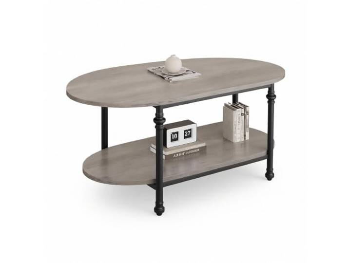 GarveeMore Ovaler Couchtisch mit 2 Ablagen – Industrie-Stil Holz-Metall-Kombination, offenes Regal & römische Säulenbeine – Farbe: grau