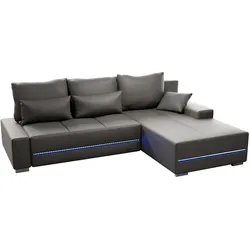 Juskys Sofa Davos Rechts - Bequemes Ecksofa mit Schlaffunktion, Bettkasten, Samt & LEDs - Hellgrau