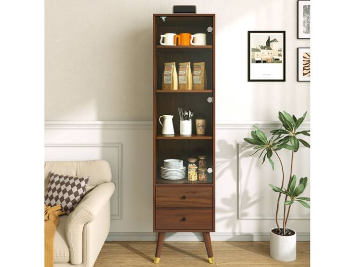 MEUVYX Vitrine Haute avec Porte Vitrée 3 Étagères Réglables 2 Tiroirs et Ouverture Push-to-Open en MDF Noyer