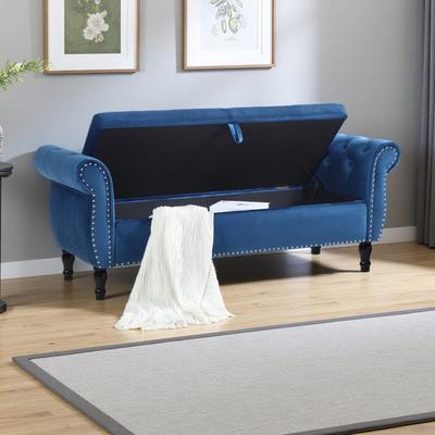 ZWYO HOSIMU "63"" PU Upholstered End of Bed Bench, Flip Top Storage Ottoman with Hinge, Button-Tufted Nailhead Trim, 1 Pillow Solid Wood Legs"