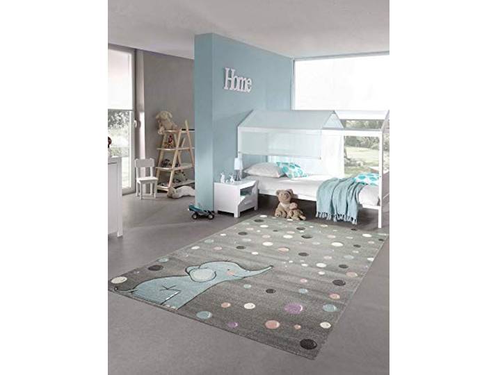 Teppich-Traum Kinderteppich Elefant Kinderzimmerteppich mit Punkten in grau blau Größe 160x230 cm
