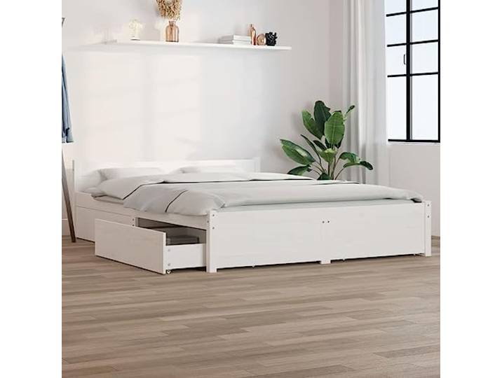 Massives Kiefernholz Bettgestell mit Schubladen Stauraum 150x200 cm Weiß Bett mit Schubladen Weiß 150x200 cm Massivholz Bettgestell mit Lattenrost Stauraum Bett mit Kopfteil Schlafzimmer Möbel