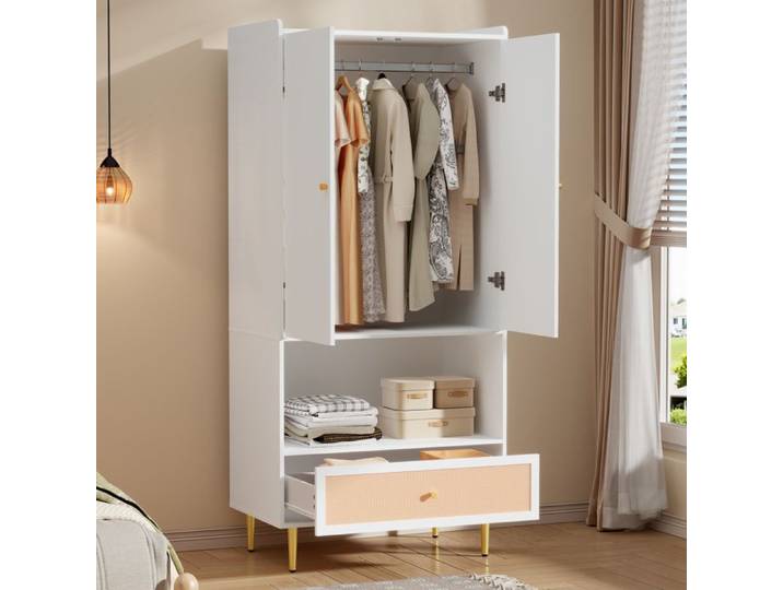 Armoire de dressing rangement chambre adulte blanche et bois naturel avec 2 portes penderie en rotin L80 x P48 x H175 cm