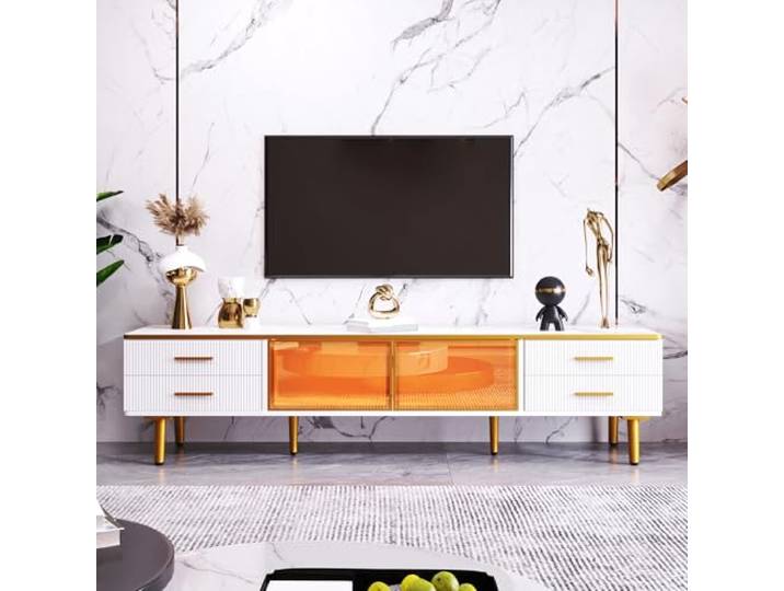 VILUXE TV Lowboard 170 cm mit LED & 4 Schubladen Weiß Gold TV-Lowboard mit App-LED, 4 Schubladen, 2 Glastüren und Marmoroptik, für moderne Wohnzimmer und TV-Bereiche