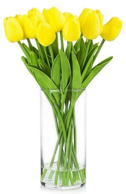 Enova Home Artificial Real Touch Tulips Fake Silk Flowers Arrangement in Clear Glass Vase with Faux Water for Home Decoration