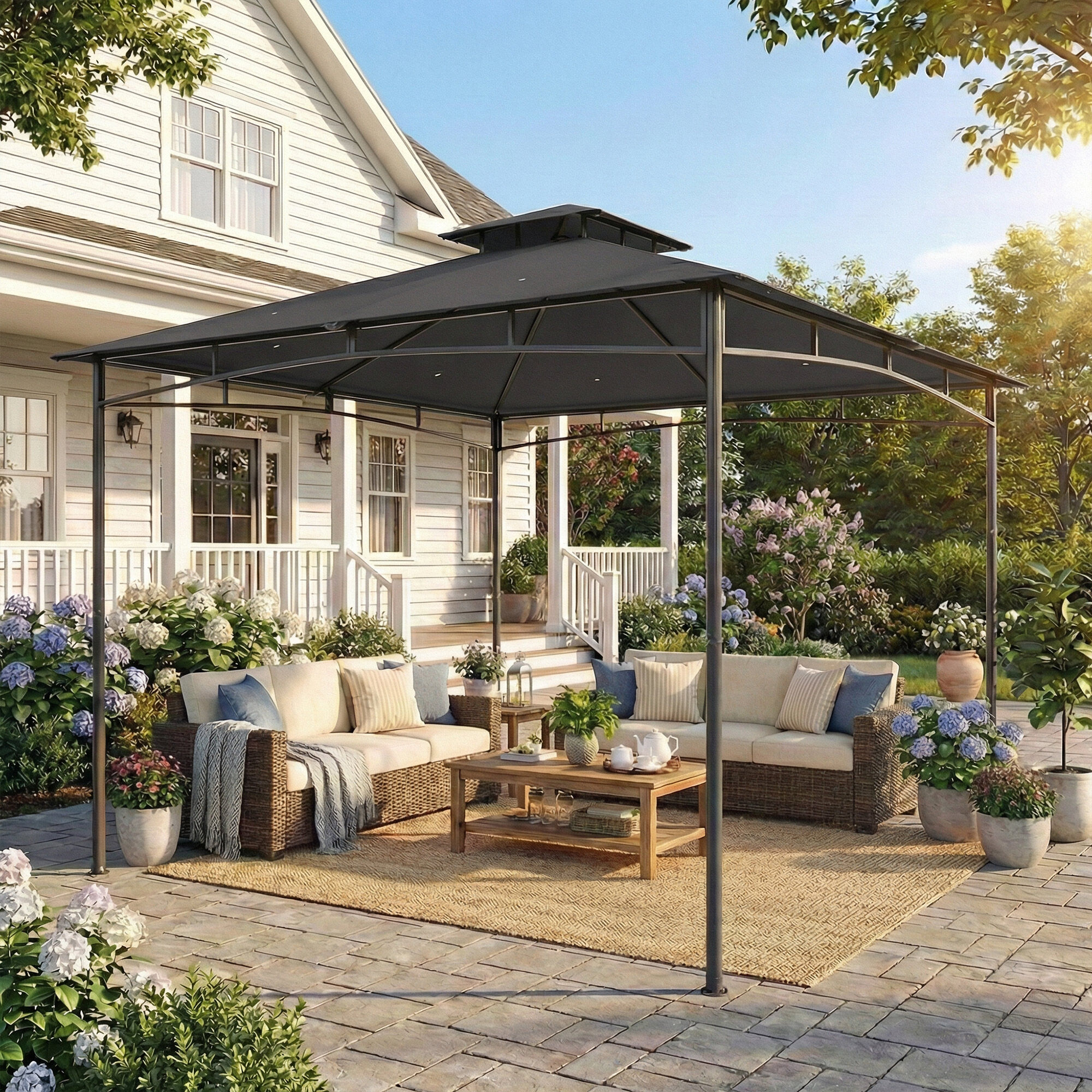 Altro Gazebo Da Giardino 3x3 M Con Doppio Tetto, In Metallo E Poliestere Grigio Scuro