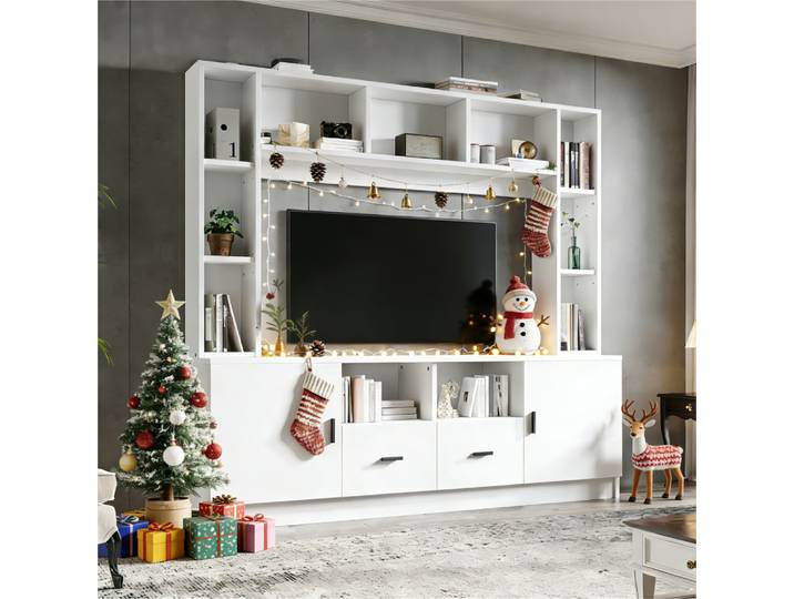 Ensemble mural TV 180*35*170cm avec vitrine, ensemble meuble TV, 2 armoires, 2 tiroirs, 11 compartiments de rangement, TV jusqu'à 60'
