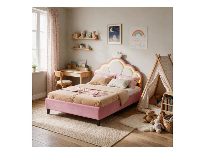 Simurq Einzelbett Mädchen‑Kinderbett 90x200, Kronen‑Kopfteil mit LED, höhenverstellbar