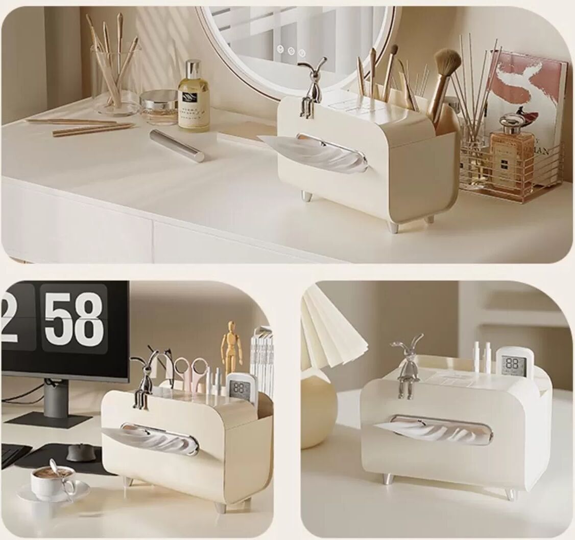 INF Boîte à mouchoirs multifonctionnelle avec support téléphone et rangement - Distributeur ABS élégant Beige