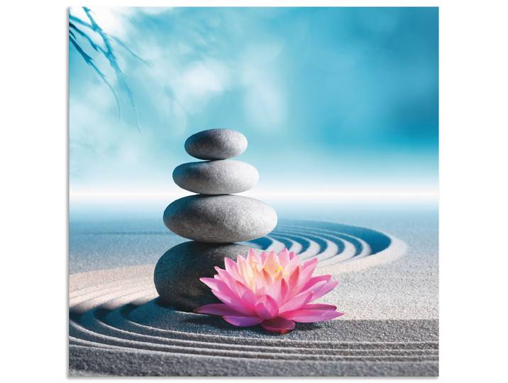 Leinwandbild ARTLAND Sand, Lilie und Spa-Steine in Zen-Garten , blau (farbe bild(er): blau), B:70cm H:70cm, Bilder, Leinwandbild, auf Holzrahmen gespannt