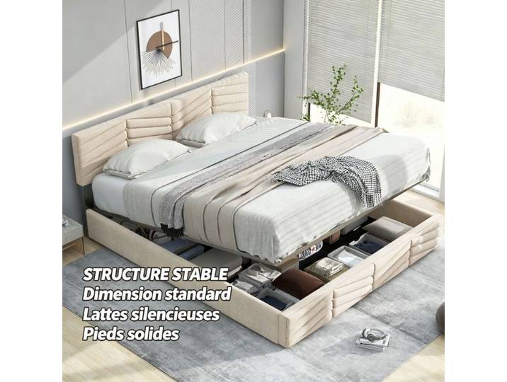 URTR Lit capitonné 140x190 tête réglable sommier lattes bois adultes/ados montage facile velours confortable élégant beige