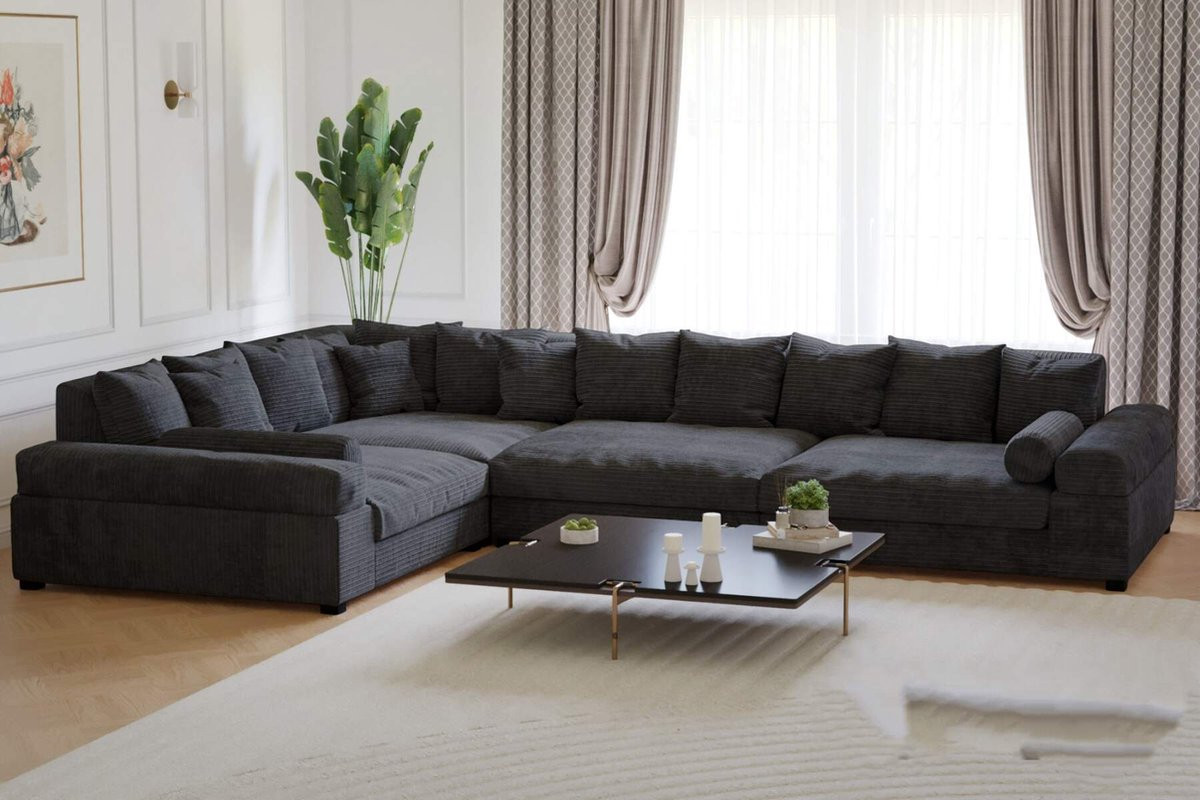 Hoekbank American Big Sofa XXL - Extra diep hoeksalon in zwart ribstof - Links of rechts universeel