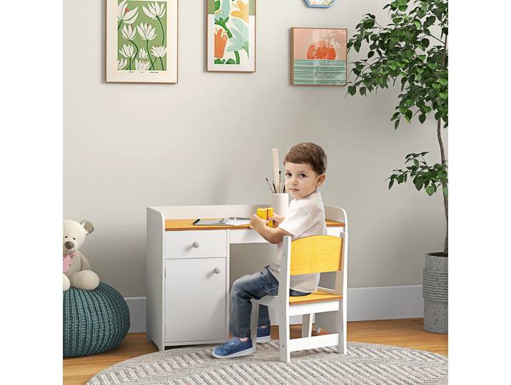 ZONEKIZ Banc et Chaise Enfant 3-6 Ans Bois Blanc avec Tiroir