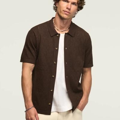 Lucky Brand Intarsia Lace Button Down Sweater -Men's Clothing Tops Sweaters in Hot Fudge, Size L
