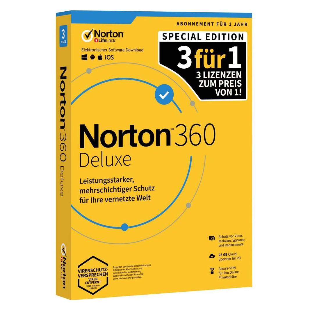Norton 360 DELUXE 25GB GE 1 USER 3 DEVICE 12MO 3FOR1 PROMO (1 User, 12 Monate) (21406104)
