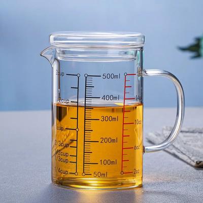 Inspire Select High Borosilicate Glass Measuring Cup Clear Scale Beaker With Handle V Spout Heat Resistant Kitchen Measuring Jug 500ml Glass Lid