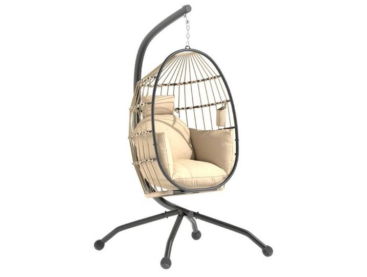 Fauteuil oeuf suspendu - Outsunny - intérieur et extérieur - panier pliable - coussin rembourré - cadre en acier - beige