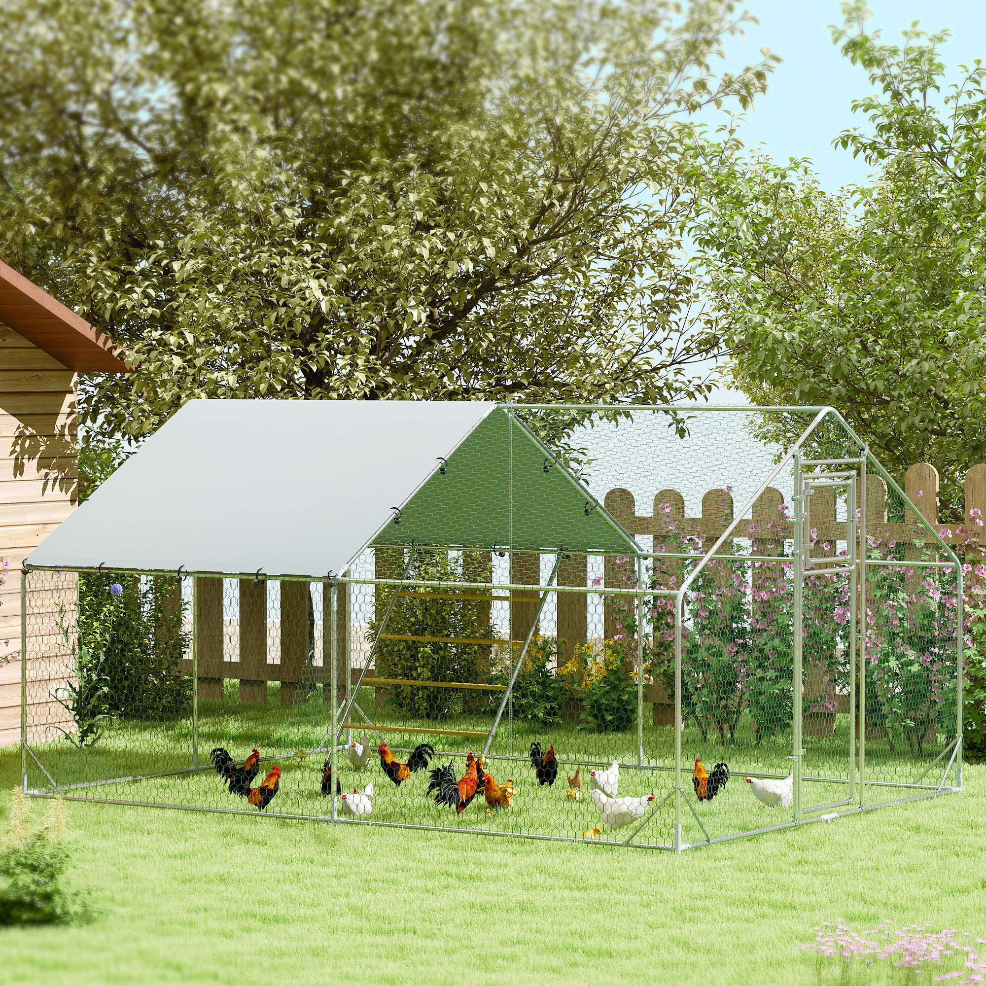 Pawhut Recinto per Galline da 12m² per 12-18 Animali con Tetto Impermeabile, Mangiatoia e Posatoio, 3x4x1.9m, Argento