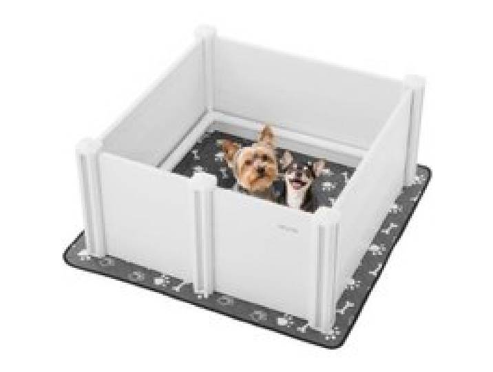 VEVOR Wurfkiste für Hunde, 98x98x46cm, Welpenlaufstall aus Kunststoff-PVC mit höhenverstellbarer Tür & waschbarer Pipi-Unterlage, verformungssicherer Welpenkiste für mittelgroße Hunde, milchweiß
