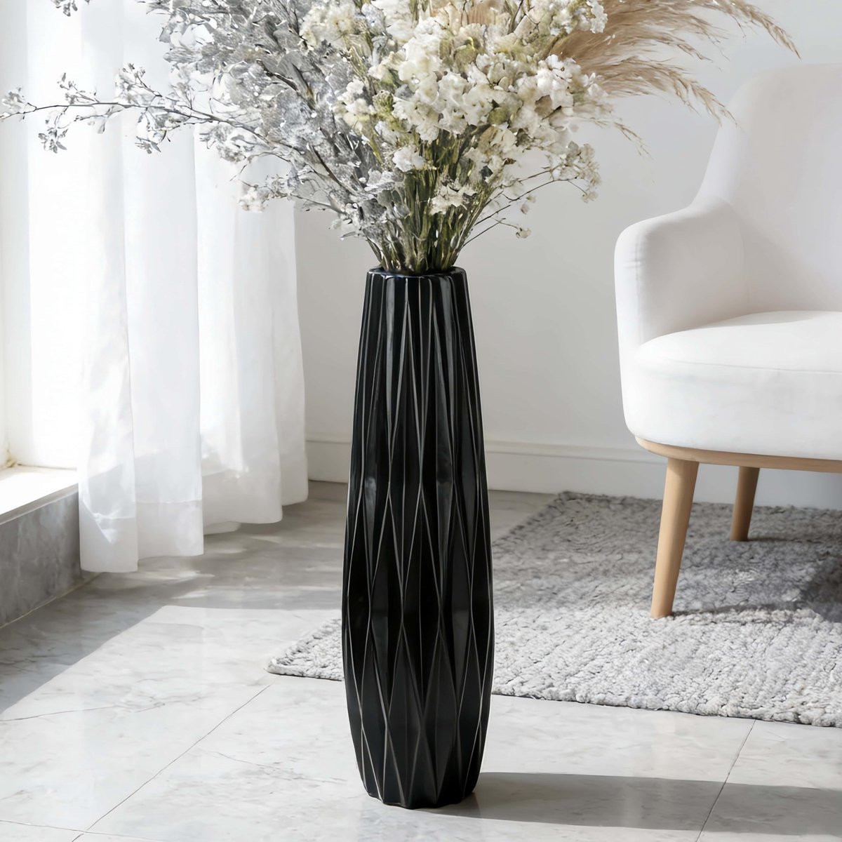 Omgoods Elegante Zwarte Keramische Vaas voor Bloemenarrangementen, Hoogte: 45 cm