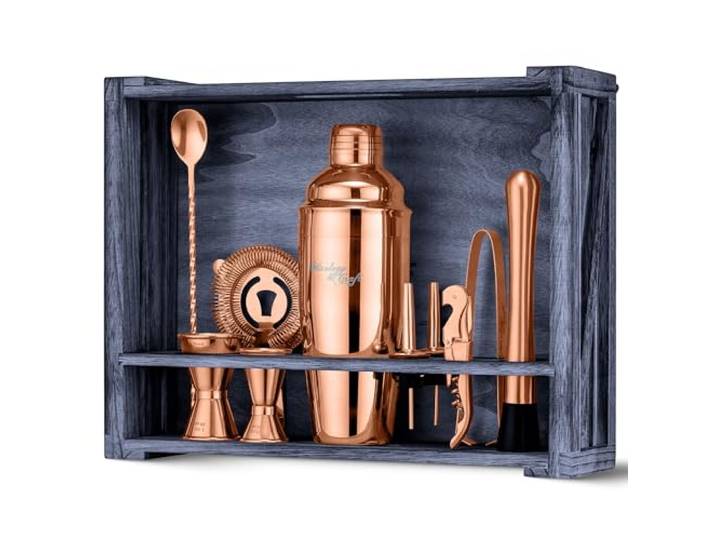 Mixology & Craft Cocktailshaker-Set – 11-teiliges Cocktail-Set mit Shaker und rustikalem Holzständer, Barkeeper- und Cocktailmixer-Set, Kupfer-Geschenkset
