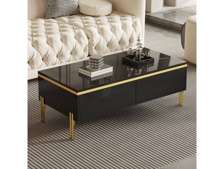 Table basse noire brillante avec tiroirs discrets et détails dorés