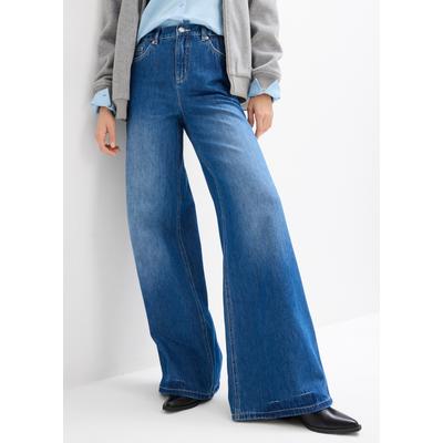 Weite Jeans BONPRIX, Damen, Gr. 40, N-Gr, blau denim used, Obermaterial: 100% Baumwolle, loose fit, Jeans, weite Passform, 5-Pocket-Design, elastischer Bequembund, hohe Bundhöhe