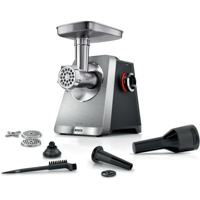 BOSCH Fleischwolf "Serie 8 MFWS820M, bis zu 4,5 kg Fleisch pro Min., spülmaschinenfest", silber (stainless steel), B:18,9cm H:26,3cm T:25,8cm, Zerkleinerer, Edelstahl, 10-Jahre Motorgarantie, mit drei Lochscheiben, 2.500 W