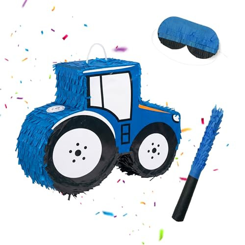 Relaxdays Piñata-set met tractor, 3-delig, blauw, B/D/H: 40 x 40 x 12 cm