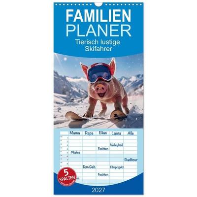 Familienplaner 2027 - Tierisch lustige Skifahrer mit 5 Spalten (Wandkalender, 21 x 45 cm) CALVENDO