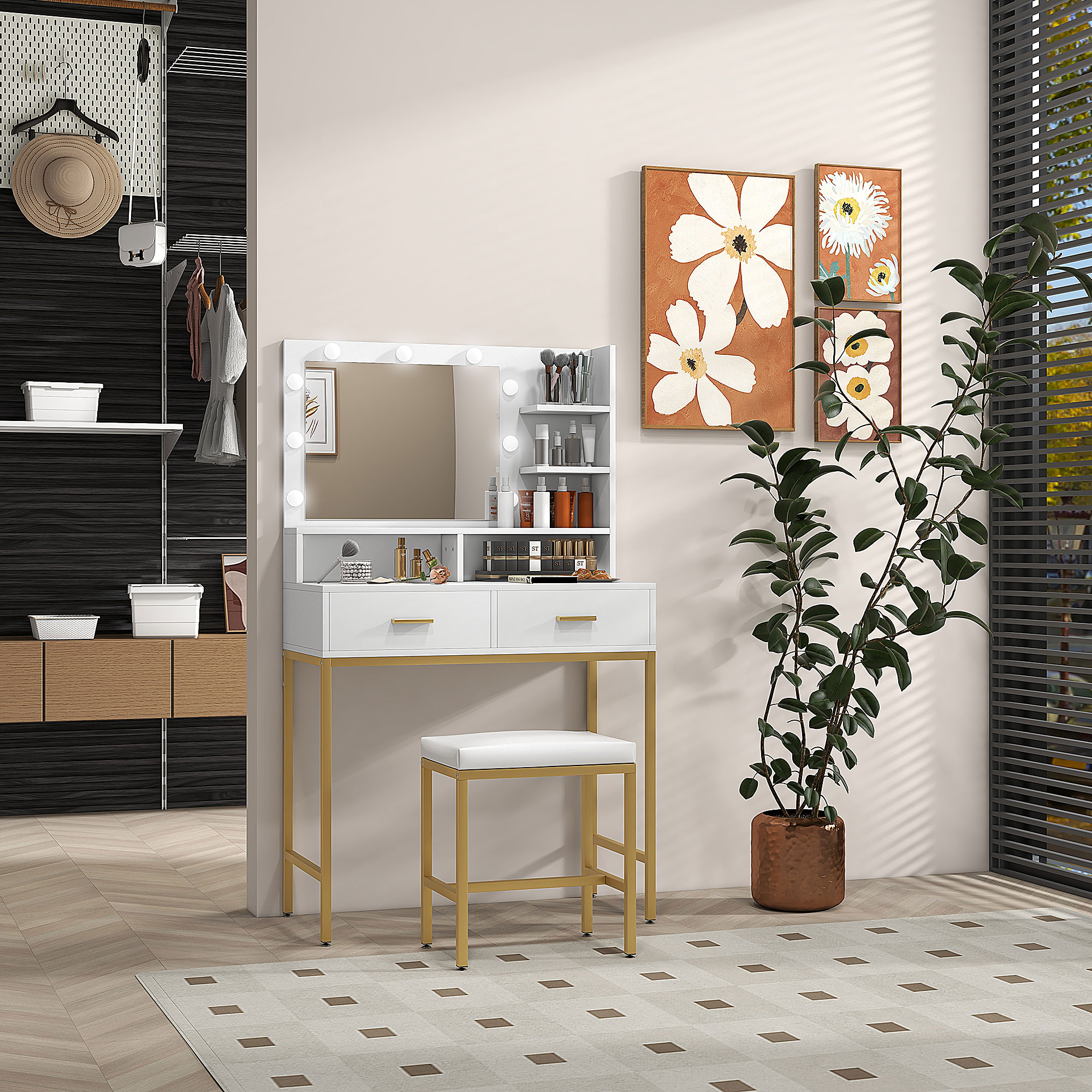 Homcom Mobile Toeletta con Specchio, 2 Cassetti, 5 Ripiani e Sgabello, in MDF e Truciolato, 80x40x138 cm, Bianco Aosom