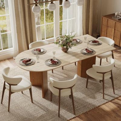 OSFEI "71"" Mid-Century Rounded Rectangle Dining Table, Travertine-Effect Sintered Stone Top, Solid Ash Wood Base, Seats 4-6"