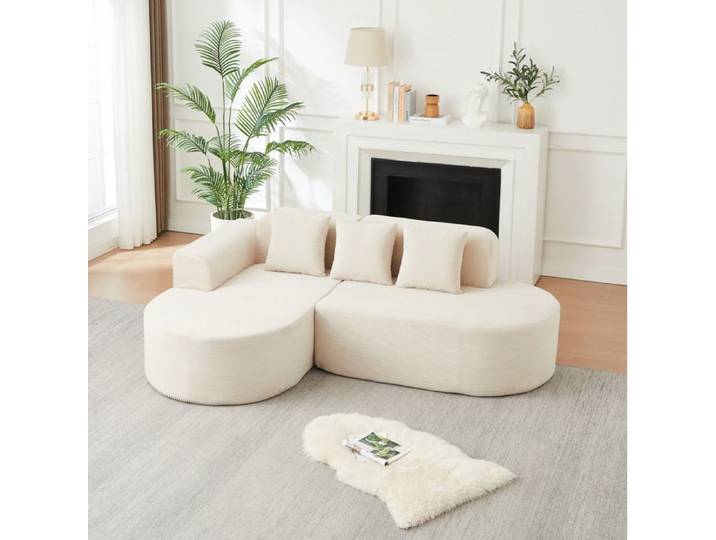 VUENOR Canapé d'angle modulable 220x155 cm beige – velours côtelé 3 coussins sans montage