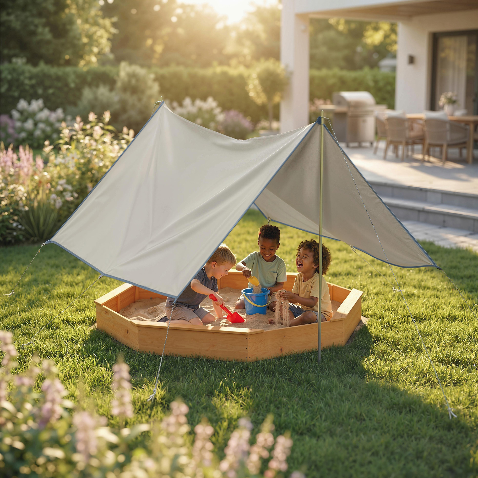 Aiyaplay Sabbiera con Tetto, 4 Panche e Telo di Fondo per 8 Bambini da 3-8 Anni, per Esterno Giardino, in Legno, 214,5x214,5 cm, Giallo   Aosom Italy