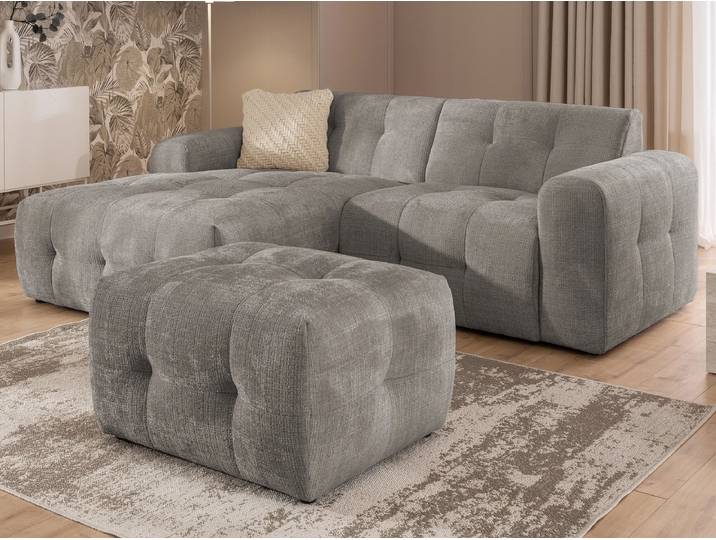 S-Style Möbel Kozy - Ecksofa und Hocker im Bumpy-Design mit Schlaffunktion und fester Rückenlehne aus weichem Chenille-Stoff - Taupe