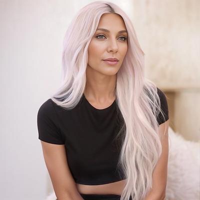 Von Kim Kardashian inspirierte Perücken, Kunsthaarperücke, gewellter Mittelscheitel, lang, silberweiß, Kunsthaar, modisches Design für Damen, weich, natürlich, weiß, grau
