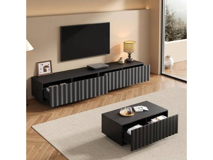 Merax Wohnzimmer-Set (TV-Schrank + Couchtisch) mit Wellenoptik, Schubladen – Schwarz