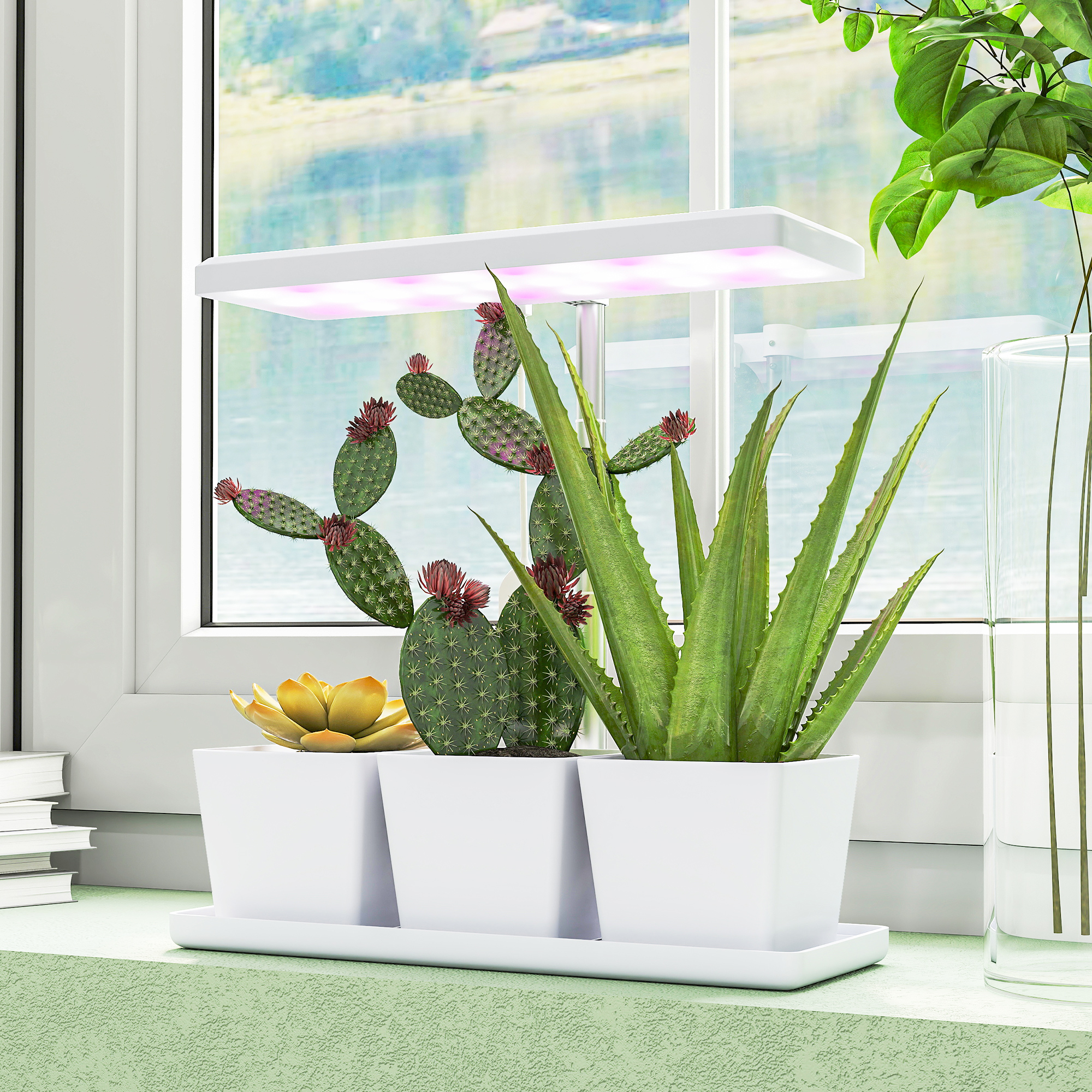 Outsunny Lampade per Pianta da 30 Luci LED con 3 Vasi, Timer e Illuminazione Regolabile, 31.8x13.4x18.6-35.6 cm, Bianco   Aosom Italy