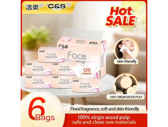 C&S Mouchoirs pour le visage parfum floral, 3 épaisseurs, 720 feuilles (6 paquets, 120 feuilles par paquet), Format familial, Économique