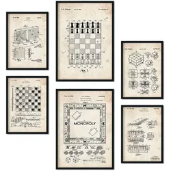 POSTER Set Mit 6 Plakaten Mit Brettspiel Patenten Im Vintage Stil A3 & A4 Schwarzer Rahmen