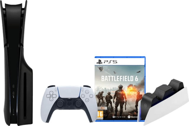 PlayStation 5 Slim Disc Edition met Battlefield 6, Zwarte Covers en Oplaadstation