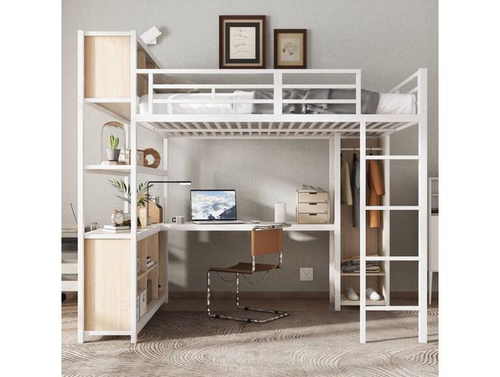Lit mezzanine - ZEVKOR - Lit Mezzanine Double 140×200 cm - Bureau intégré - Rangements & armoire - Métal/bois blanc naturel