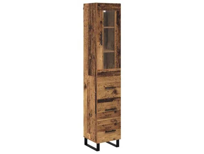 Highboard Altholz 34,5 x 34 x 180 cm Holzwerkstoff Schwarze Metallbeine, mehrere Fächer, glatte Oberfläche, Esszimmer, Küche, schlichte Ästhetik, Holzwerkstoff
